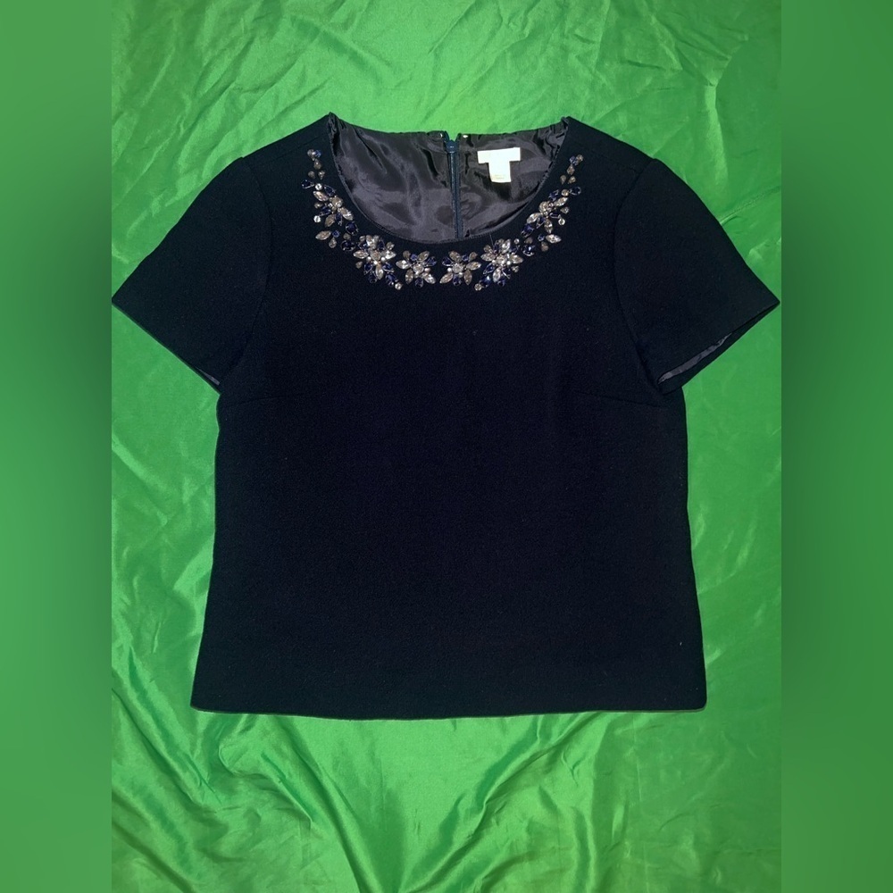 J. Crew Collection 100% Wool Navy Blue Top with Embellished Neckline size 6